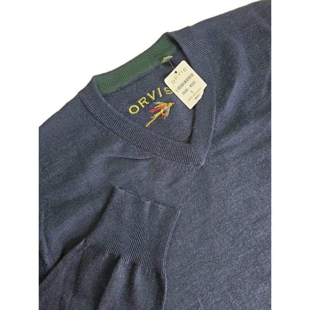 Orvis Mens Navy Merino Wool BLEND  V-Neck Sweater LARGE Embroidered Logo NWT